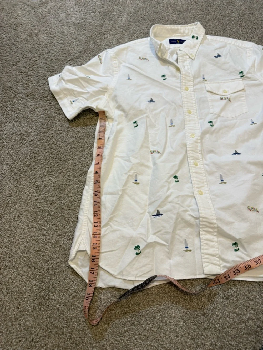 Polo Ralph Lauren Men's White Aloha Embroidered Short Sleeve Button Down Shirt L